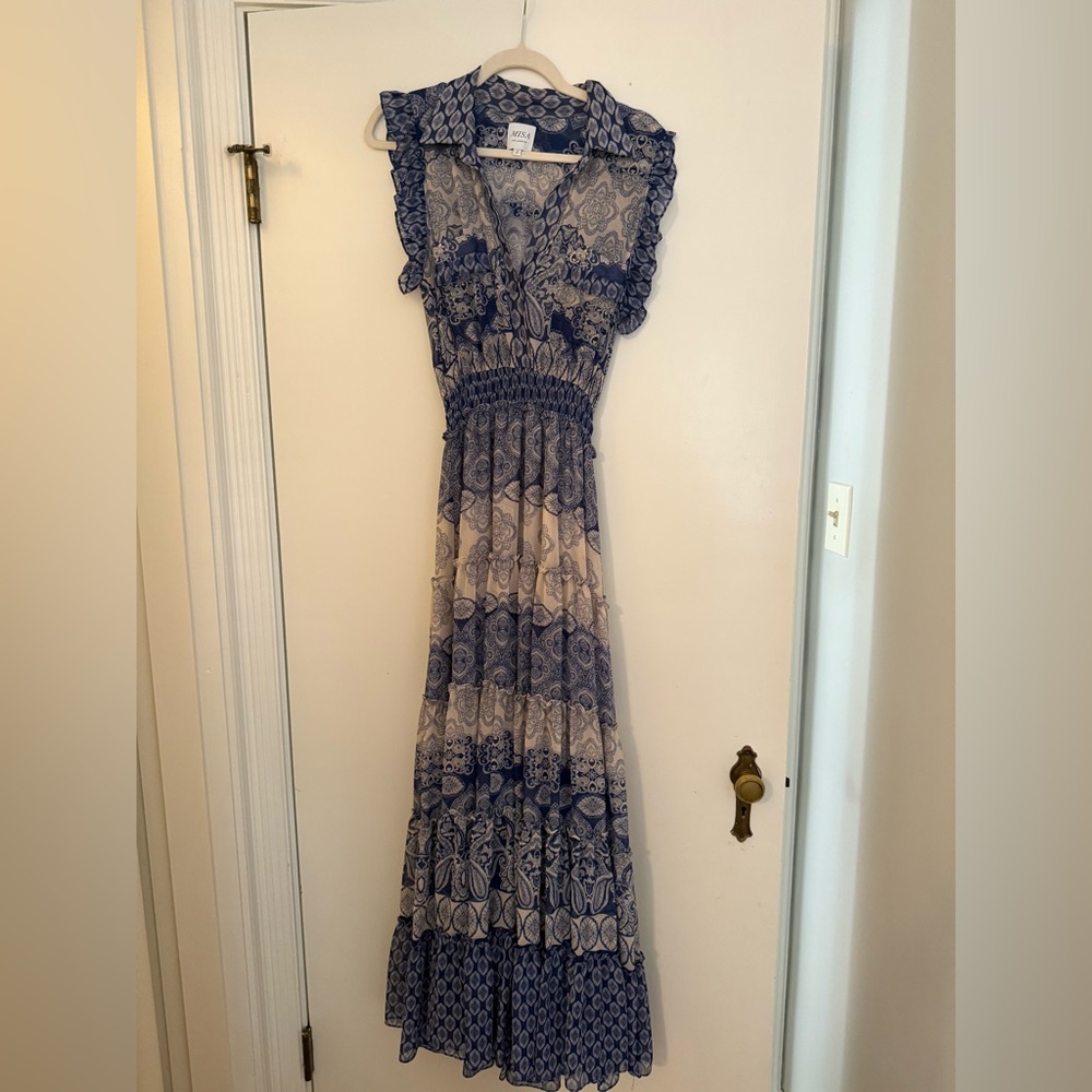 Misa Los Angeles Blue and Cream Maxi Dress